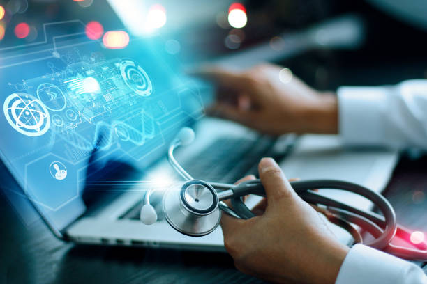 Medicine doctor analysis and diagnosis checking health of patient online and testing result with modern virtual interface on laptop with stethoscope in hand, Online Medical global network concept.